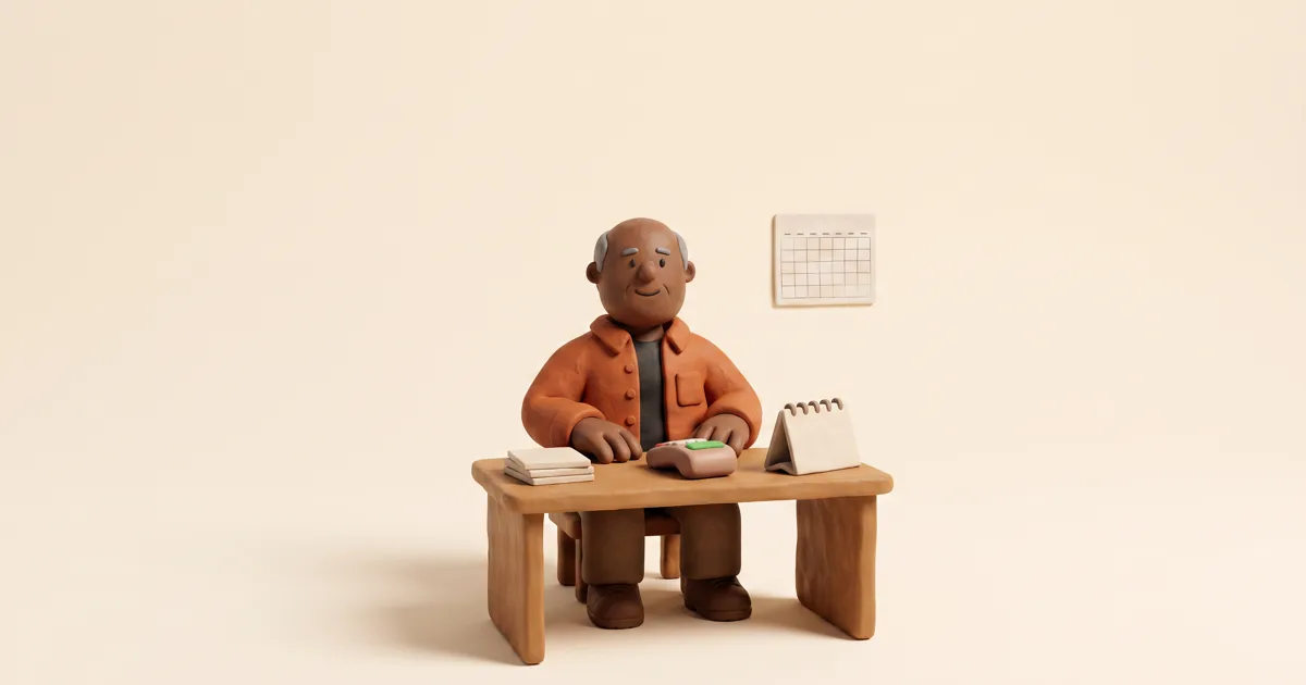 A clay-style trade owner managing bookings and invoices at a desk