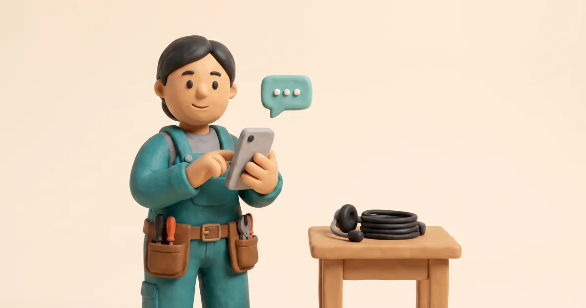 A clay-style electrician answering a customer enquiry on a phone