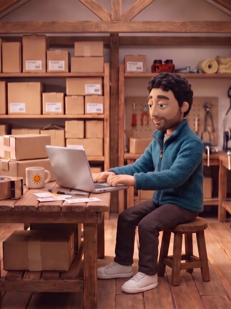 A shopkeeper at his laptop in a stockroom full of boxes