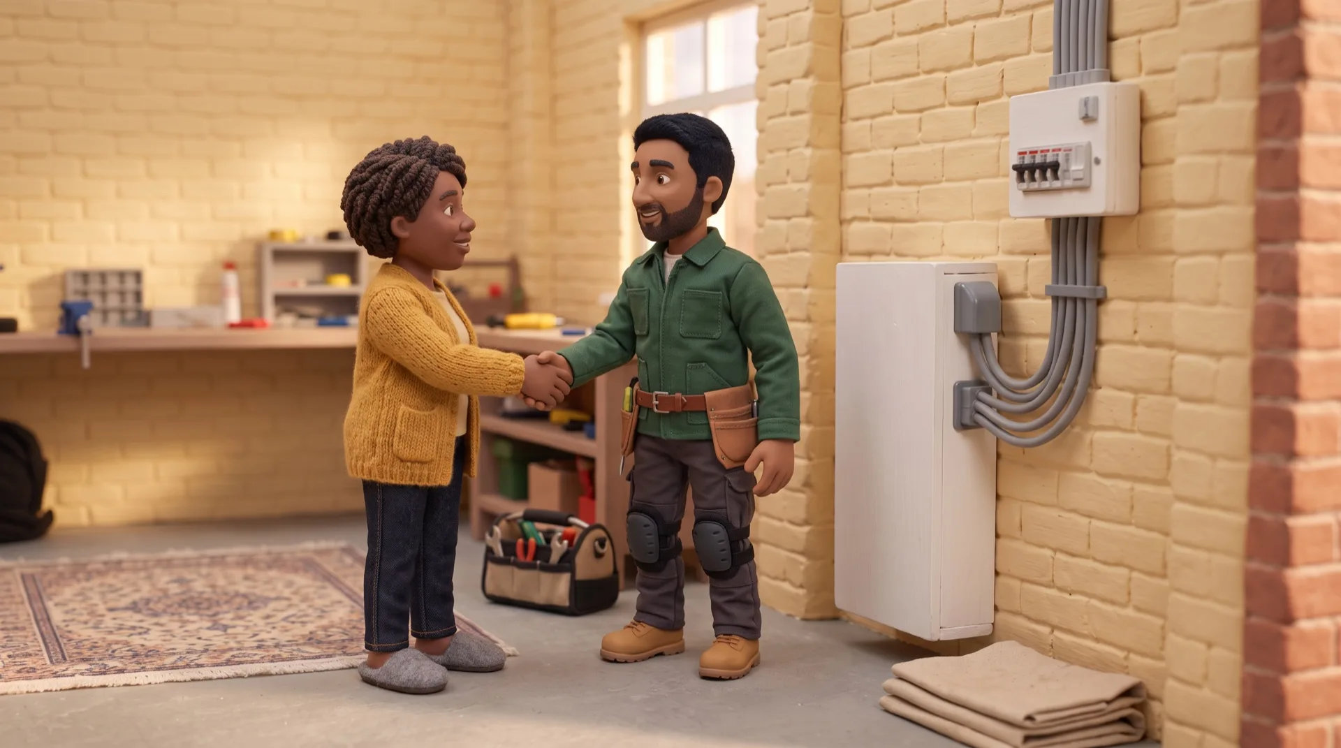 An installer shaking hands with a customer beside a newly fitted home battery